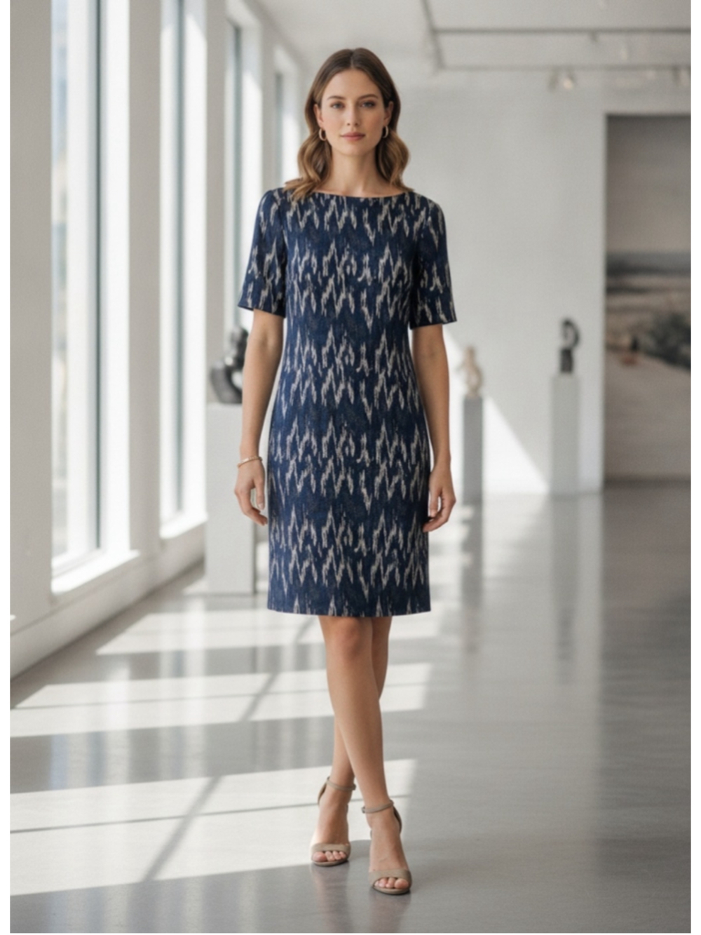 Bitte Kai Rand Ikat Navy and Cream Patterned Sheath Dress Size Small